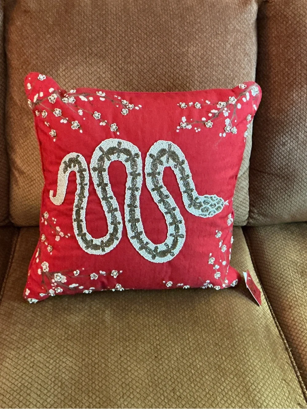 Red Beaded White & Gold Snake Decorative Pillow